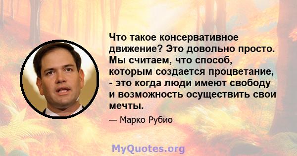 Что такое консервативное движение? Это довольно просто. Мы считаем, что способ, которым создается процветание, - это когда люди имеют свободу и возможность осуществить свои мечты.