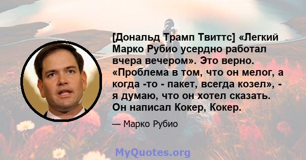 [Дональд Трамп Твиттс] «Легкий Марко Рубио усердно работал вчера вечером». Это верно. «Проблема в том, что он мелог, а когда -то - пакет, всегда козел», - я думаю, что он хотел сказать. Он написал Кокер, Кокер.