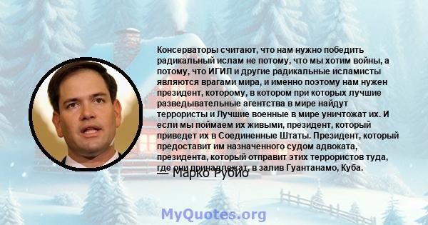 Консерваторы считают, что нам нужно победить радикальный ислам не потому, что мы хотим войны, а потому, что ИГИЛ и другие радикальные исламисты являются врагами мира, и именно поэтому нам нужен президент, которому, в