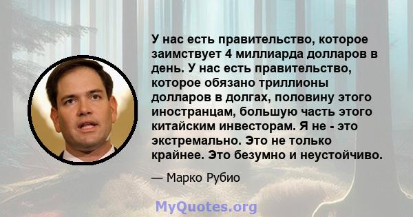 У нас есть правительство, которое заимствует 4 миллиарда долларов в день. У нас есть правительство, которое обязано триллионы долларов в долгах, половину этого иностранцам, большую часть этого китайским инвесторам. Я не 