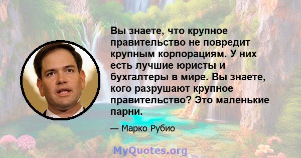 Вы знаете, что крупное правительство не повредит крупным корпорациям. У них есть лучшие юристы и бухгалтеры в мире. Вы знаете, кого разрушают крупное правительство? Это маленькие парни.