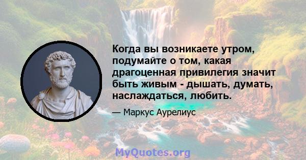 Когда вы возникаете утром, подумайте о том, какая драгоценная привилегия значит быть живым - дышать, думать, наслаждаться, любить.