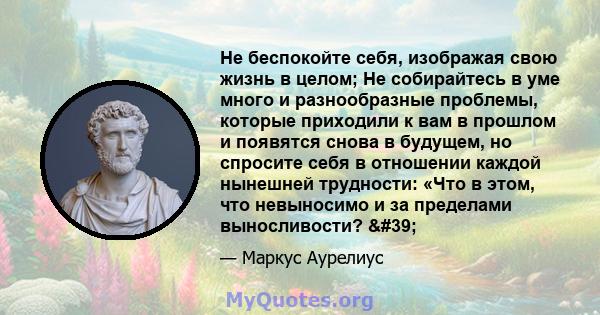 Не беспокойте себя, изображая свою жизнь в целом; Не собирайтесь в уме много и разнообразные проблемы, которые приходили к вам в прошлом и появятся снова в будущем, но спросите себя в отношении каждой нынешней