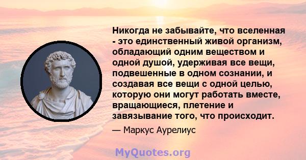 Никогда не забывайте, что вселенная - это единственный живой организм, обладающий одним веществом и одной душой, удерживая все вещи, подвешенные в одном сознании, и создавая все вещи с одной целью, которую они могут