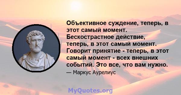 Объективное суждение, теперь, в этот самый момент. Бескострастное действие, теперь, в этот самый момент. Говорит принятие - теперь, в этот самый момент - всех внешних событий. Это все, что вам нужно.