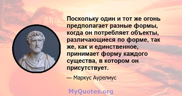 Поскольку один и тот же огонь предполагает разные формы, когда он потребляет объекты, различающиеся по форме, так же, как и единственное, принимает форму каждого существа, в котором он присутствует.