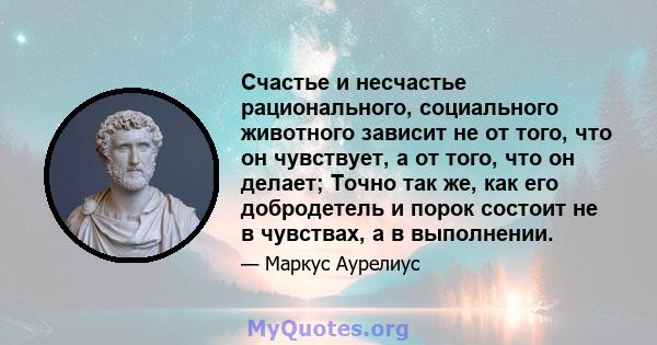 Счастье и несчастье рационального, социального животного зависит не от того, что он чувствует, а от того, что он делает; Точно так же, как его добродетель и порок состоит не в чувствах, а в выполнении.