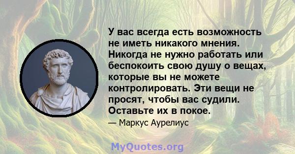 У вас всегда есть возможность не иметь никакого мнения. Никогда не нужно работать или беспокоить свою душу о вещах, которые вы не можете контролировать. Эти вещи не просят, чтобы вас судили. Оставьте их в покое.