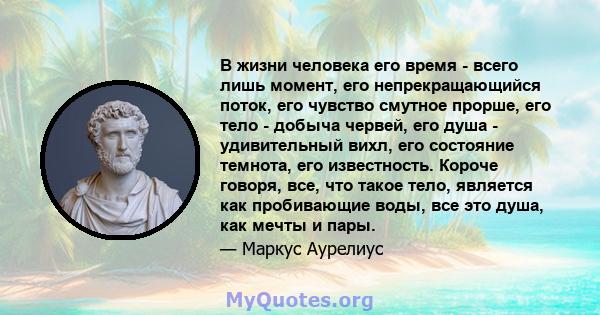 В жизни человека его время - всего лишь момент, его непрекращающийся поток, его чувство смутное прорше, его тело - добыча червей, его душа - удивительный вихл, его состояние темнота, его известность. Короче говоря, все, 