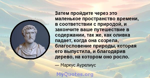 Затем пройдите через это маленькое пространство времени, в соответствии с природой, и закончите ваше путешествие в содержании, так же, как оливка падает, когда она созрела, благословение природы, которая его выпустила,