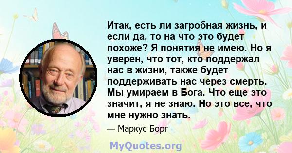 Итак, есть ли загробная жизнь, и если да, то на что это будет похоже? Я понятия не имею. Но я уверен, что тот, кто поддержал нас в жизни, также будет поддерживать нас через смерть. Мы умираем в Бога. Что еще это значит, 