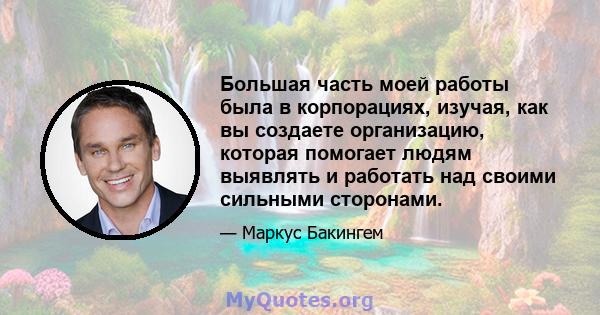 Большая часть моей работы была в корпорациях, изучая, как вы создаете организацию, которая помогает людям выявлять и работать над своими сильными сторонами.