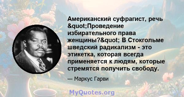 Американский суфрагист, речь "Проведение избирательного права женщины?" В Стокгольме шведский радикализм - это этикетка, которая всегда применяется к людям, которые стремятся получить свободу.