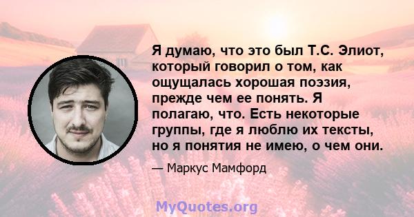 Я думаю, что это был Т.С. Элиот, который говорил о том, как ощущалась хорошая поэзия, прежде чем ее понять. Я полагаю, что. Есть некоторые группы, где я люблю их тексты, но я понятия не имею, о чем они.