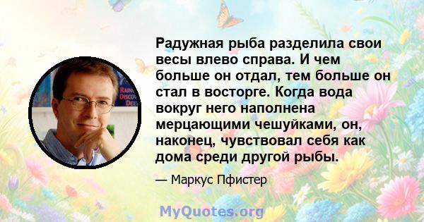 Радужная рыба разделила свои весы влево справа. И чем больше он отдал, тем больше он стал в восторге. Когда вода вокруг него наполнена мерцающими чешуйками, он, наконец, чувствовал себя как дома среди другой рыбы.