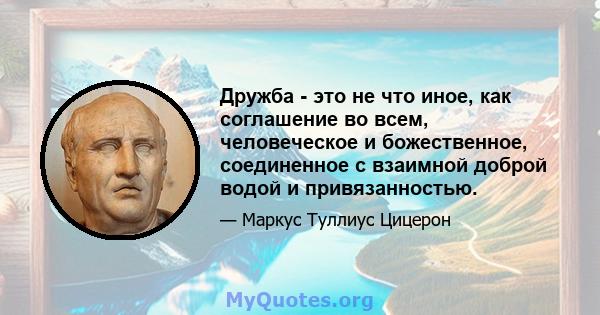 Дружба - это не что иное, как соглашение во всем, человеческое и божественное, соединенное с взаимной доброй водой и привязанностью.