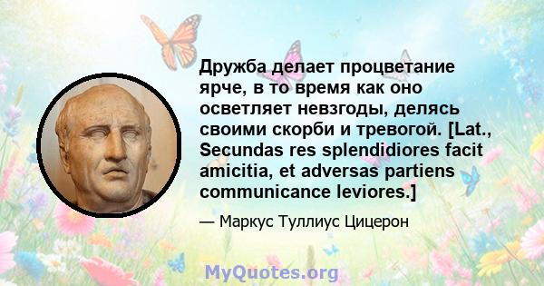 Дружба делает процветание ярче, в то время как оно осветляет невзгоды, делясь своими скорби и тревогой. [Lat., Secundas res splendidiores facit amicitia, et adversas partiens communicance leviores.]