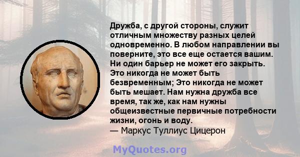 Дружба, с другой стороны, служит отличным множеству разных целей одновременно. В любом направлении вы поверните, это все еще остается вашим. Ни один барьер не может его закрыть. Это никогда не может быть безвременным;