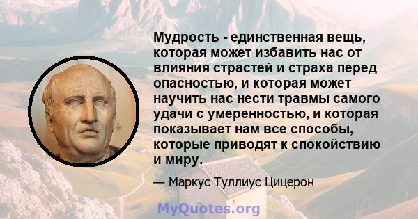 Мудрость - единственная вещь, которая может избавить нас от влияния страстей и страха перед опасностью, и которая может научить нас нести травмы самого удачи с умеренностью, и которая показывает нам все способы, которые 