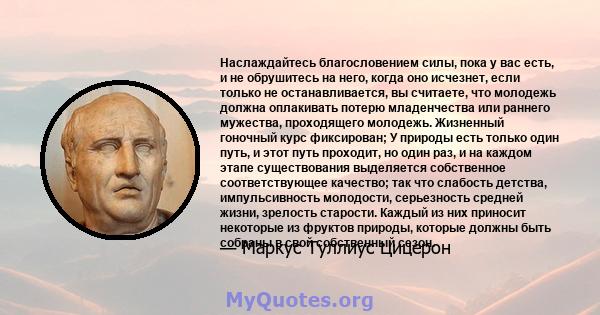 Наслаждайтесь благословением силы, пока у вас есть, и не обрушитесь на него, когда оно исчезнет, ​​если только не останавливается, вы считаете, что молодежь должна оплакивать потерю младенчества или раннего мужества,