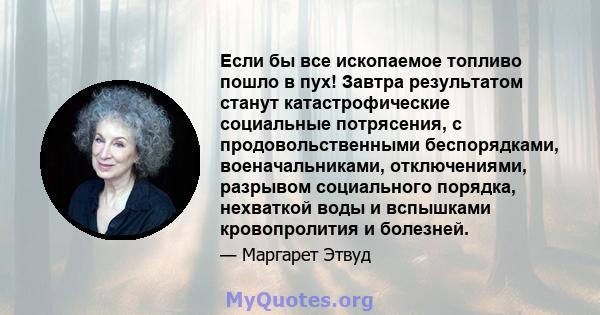 Если бы все ископаемое топливо пошло в пух! Завтра результатом станут катастрофические социальные потрясения, с продовольственными беспорядками, военачальниками, отключениями, разрывом социального порядка, нехваткой