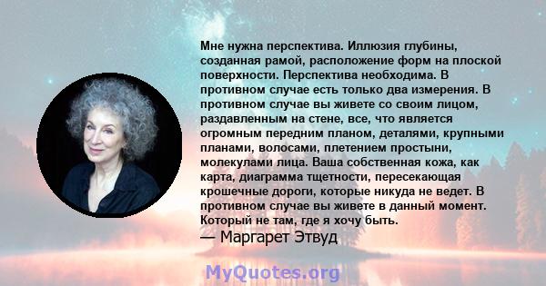 Мне нужна перспектива. Иллюзия глубины, созданная рамой, расположение форм на плоской поверхности. Перспектива необходима. В противном случае есть только два измерения. В противном случае вы живете со своим лицом,