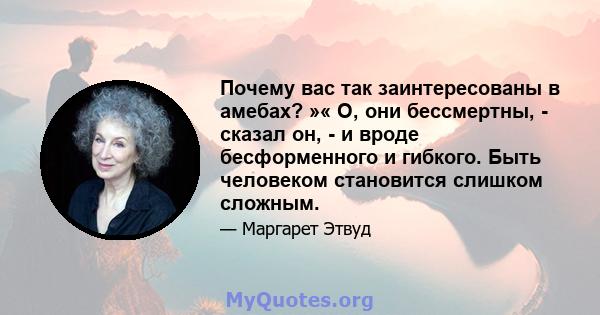 Почему вас так заинтересованы в амебах? »« О, они бессмертны, - сказал он, - и вроде бесформенного и гибкого. Быть человеком становится слишком сложным.