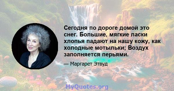 Сегодня по дороге домой это снег. Большие, мягкие ласки хлопья падают на нашу кожу, как холодные мотыльки; Воздух заполняется перьями.