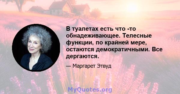 В туалетах есть что -то обнадеживающее. Телесные функции, по крайней мере, остаются демократичными. Все дергаются.