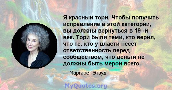 Я красный тори. Чтобы получить исправление в этой категории, вы должны вернуться в 19 -й век. Тори были теми, кто верил, что те, кто у власти несет ответственность перед сообществом, что деньги не должны быть мерой