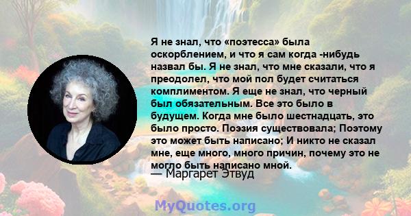 Я не знал, что «поэтесса» была оскорблением, и что я сам когда -нибудь назвал бы. Я не знал, что мне сказали, что я преодолел, что мой пол будет считаться комплиментом. Я еще не знал, что черный был обязательным. Все