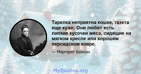 Тарелка неприятна кошке, газета еще хуже; Они любят есть липкие кусочки мяса, сидящие на мягком кресле или хорошем персидском ковре.