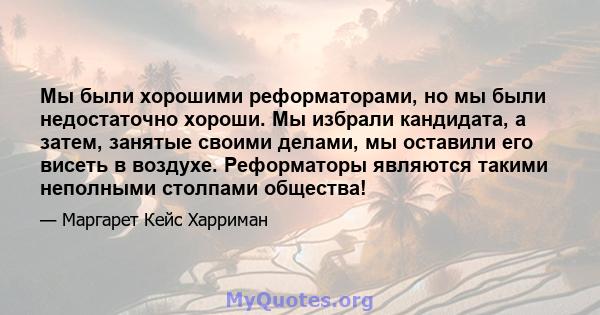 Мы были хорошими реформаторами, но мы были недостаточно хороши. Мы избрали кандидата, а затем, занятые своими делами, мы оставили его висеть в воздухе. Реформаторы являются такими неполными столпами общества!