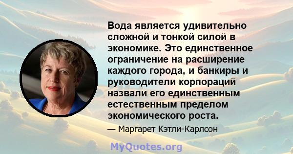 Вода является удивительно сложной и тонкой силой в экономике. Это единственное ограничение на расширение каждого города, и банкиры и руководители корпораций назвали его единственным естественным пределом экономического