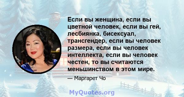 Если вы женщина, если вы цветной человек, если вы гей, лесбиянка, бисексуал, трансгендер, если вы человек размера, если вы человек интеллекта, если вы человек честен, то вы считаются меньшинством в этом мире.