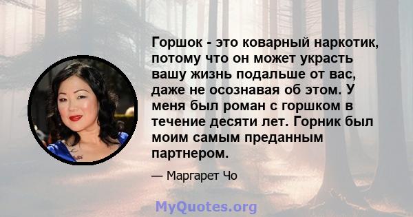 Горшок - это коварный наркотик, потому что он может украсть вашу жизнь подальше от вас, даже не осознавая об этом. У меня был роман с горшком в течение десяти лет. Горник был моим самым преданным партнером.