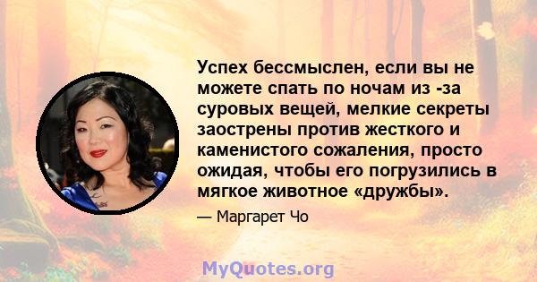 Успех бессмыслен, если вы не можете спать по ночам из -за суровых вещей, мелкие секреты заострены против жесткого и каменистого сожаления, просто ожидая, чтобы его погрузились в мягкое животное «дружбы».