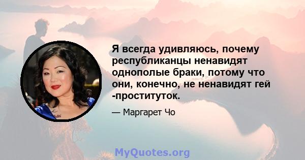 Я всегда удивляюсь, почему республиканцы ненавидят однополые браки, потому что они, конечно, не ненавидят гей -проституток.