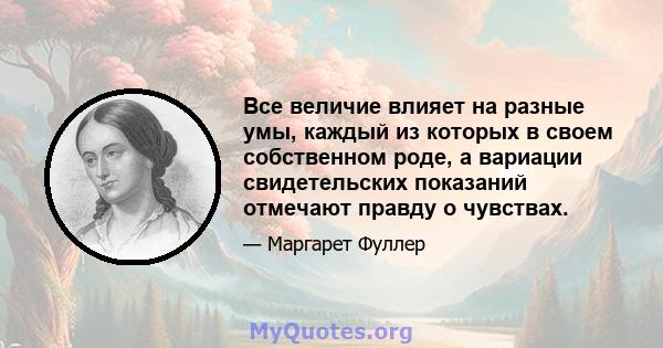 Все величие влияет на разные умы, каждый из которых в своем собственном роде, а вариации свидетельских показаний отмечают правду о чувствах.