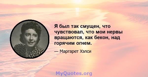 Я был так смущен, что чувствовал, что мои нервы вращаются, как бекон, над горячим огнем.