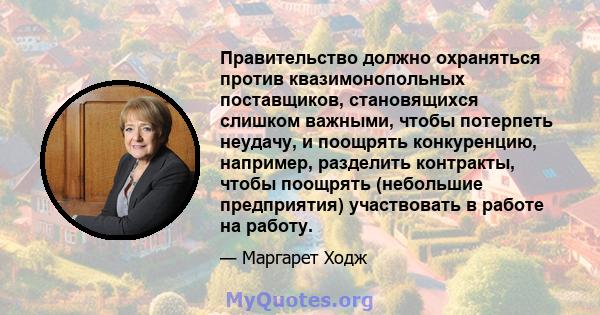 Правительство должно охраняться против квазимонопольных поставщиков, становящихся слишком важными, чтобы потерпеть неудачу, и поощрять конкуренцию, например, разделить контракты, чтобы поощрять (небольшие предприятия)