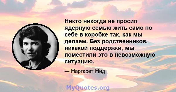 Никто никогда не просил ядерную семью жить само по себе в коробке так, как мы делаем. Без родственников, никакой поддержки, мы поместили это в невозможную ситуацию.