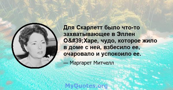 Для Скарлетт было что-то захватывающее в Эллен О'Харе, чудо, которое жило в доме с ней, взбесило ее, очаровало и успокоило ее.