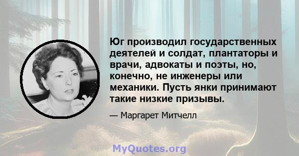 Юг производил государственных деятелей и солдат, плантаторы и врачи, адвокаты и поэты, но, конечно, не инженеры или механики. Пусть янки принимают такие низкие призывы.