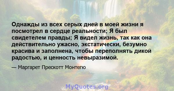 Однажды из всех серых дней в моей жизни я посмотрел в сердце реальности; Я был свидетелем правды; Я видел жизнь, так как она действительно ужасно, экстатически, безумно красива и заполнена, чтобы переполнять дикой