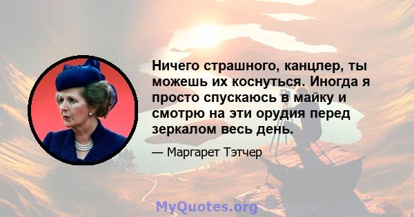 Ничего страшного, канцлер, ты можешь их коснуться. Иногда я просто спускаюсь в майку и смотрю на эти орудия перед зеркалом весь день.