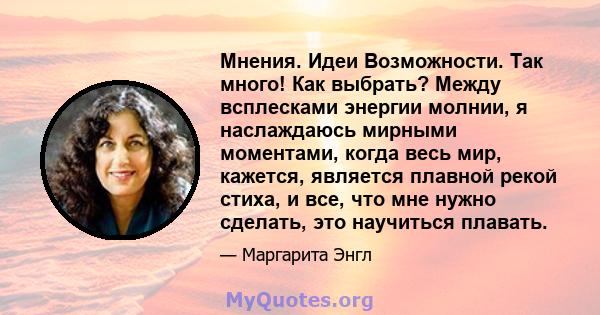 Мнения. Идеи Возможности. Так много! Как выбрать? Между всплесками энергии молнии, я наслаждаюсь мирными моментами, когда весь мир, кажется, является плавной рекой стиха, и все, что мне нужно сделать, это научиться