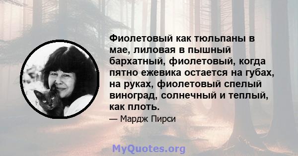 Фиолетовый как тюльпаны в мае, лиловая в пышный бархатный, фиолетовый, когда пятно ежевика остается на губах, на руках, фиолетовый спелый виноград, солнечный и теплый, как плоть.