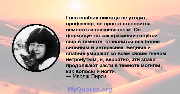 Гнев слабых никогда не уходит, профессор, он просто становится немного заплесневечным. Он формируется как красивый голубой сыр в темноте, становится все более сильным и интереснее. Бедные и слабые умирают со всем своим