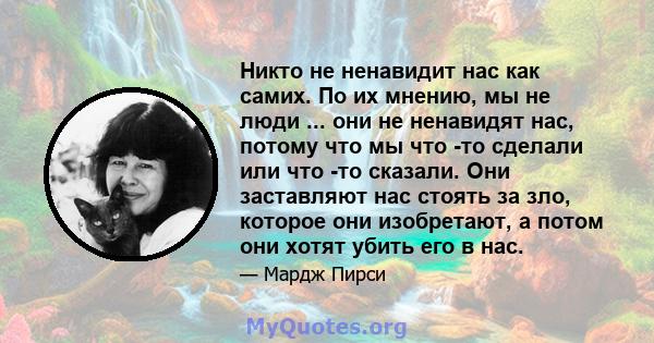 Никто не ненавидит нас как самих. По их мнению, мы не люди ... они не ненавидят нас, потому что мы что -то сделали или что -то сказали. Они заставляют нас стоять за зло, которое они изобретают, а потом они хотят убить